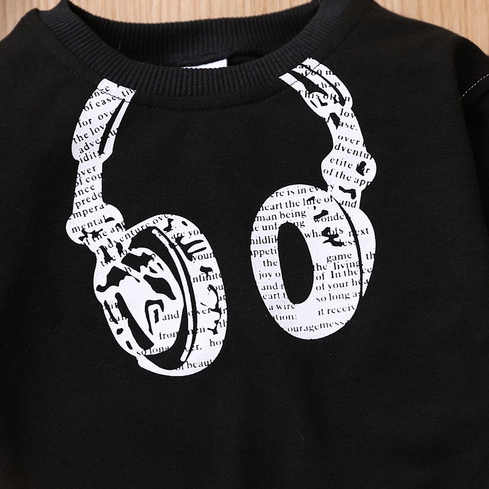 2psc Toddler Boy Headphone Print Black Sweatshirt and Letter Print Pants Set Black big image 4
