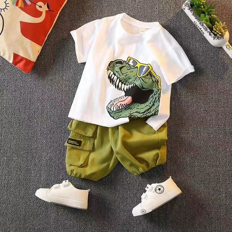 2pcs Toddler Boy Playful Dinosaur Print Tee & Cargo Shorts Set White big image 1
