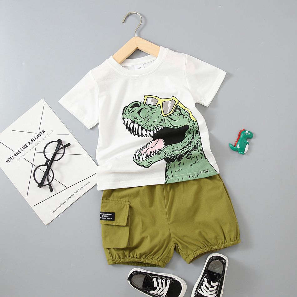 2pcs Toddler Boy Playful Dinosaur Print Tee & Cargo Shorts Set White big image 2