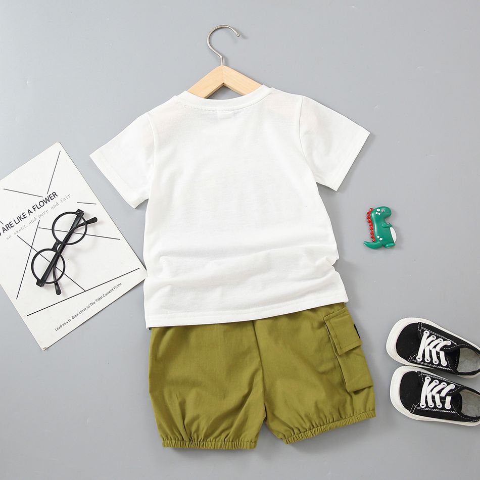 2pcs Toddler Boy Playful Dinosaur Print Tee & Cargo Shorts Set White big image 3