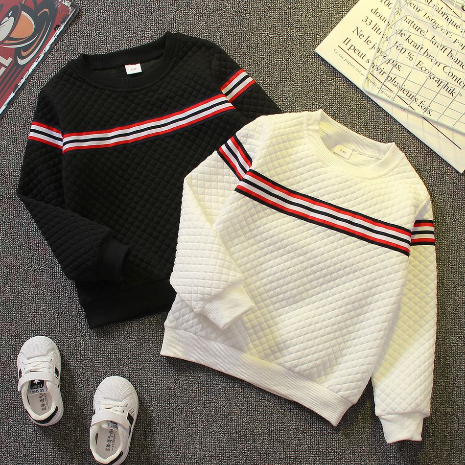 Kid Boy Striped Webbing Textured Sweatshirt/ Letter Embroidered Striped Bomber Jacket/ Solid Color Elasticized Pants White