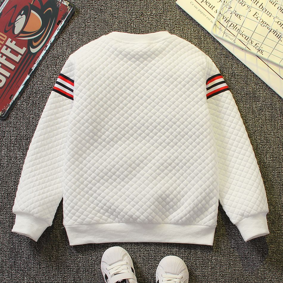 Kid Boy Striped Webbing Textured Sweatshirt/ Letter Embroidered Striped Bomber Jacket/ Solid Color Elasticized Pants White big image 3
