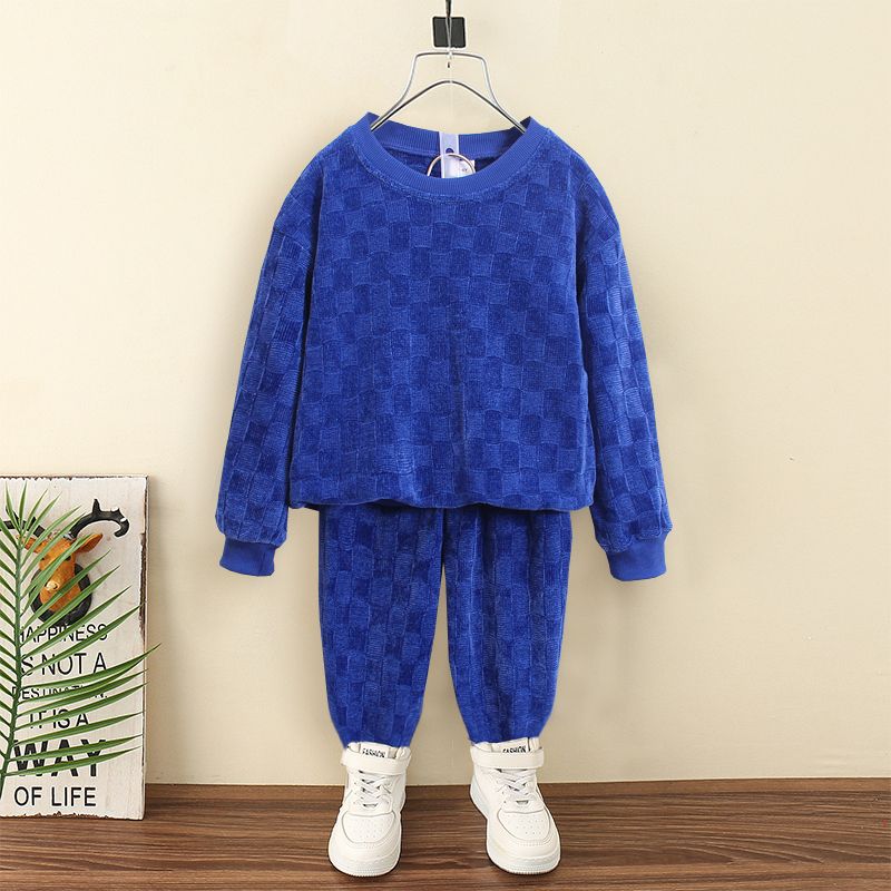 2pcs Kid Boy Solid Color Textured Pullover Sweatshirt and Elasticized Pants Set Royal Blue big image 2