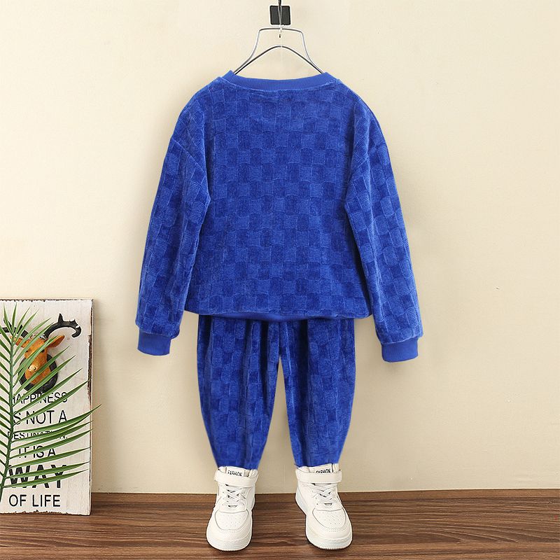 2pcs Kid Boy Solid Color Textured Pullover Sweatshirt and Elasticized Pants Set Royal Blue big image 3