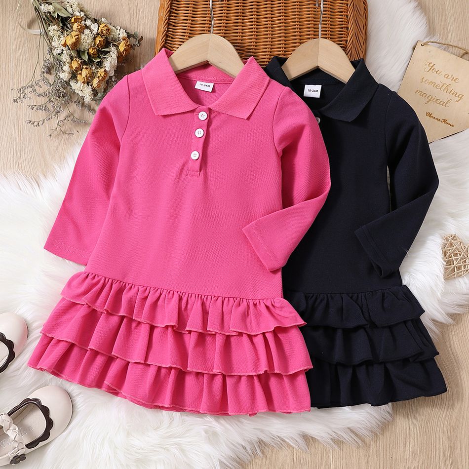 Toddler Girl Lapel Collar Button Design Layered Hem Long-sleeve Pique Dress Hot Pink big image 2