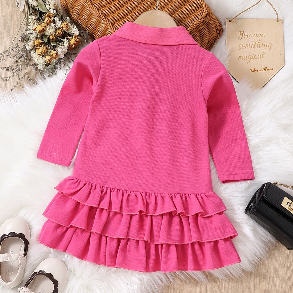 Toddler Girl Lapel Collar Button Design Layered Hem Long-sleeve Pique Dress Hot Pink big image 3