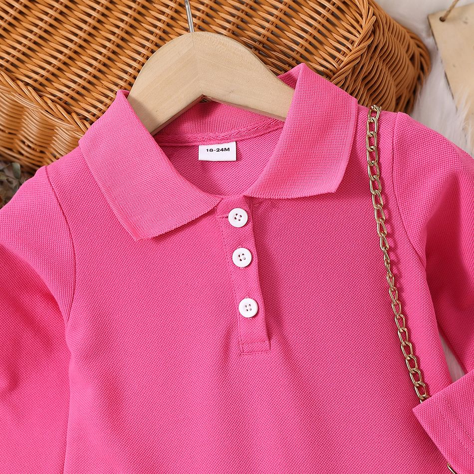 Toddler Girl Lapel Collar Button Design Layered Hem Long-sleeve Pique Dress Hot Pink big image 4