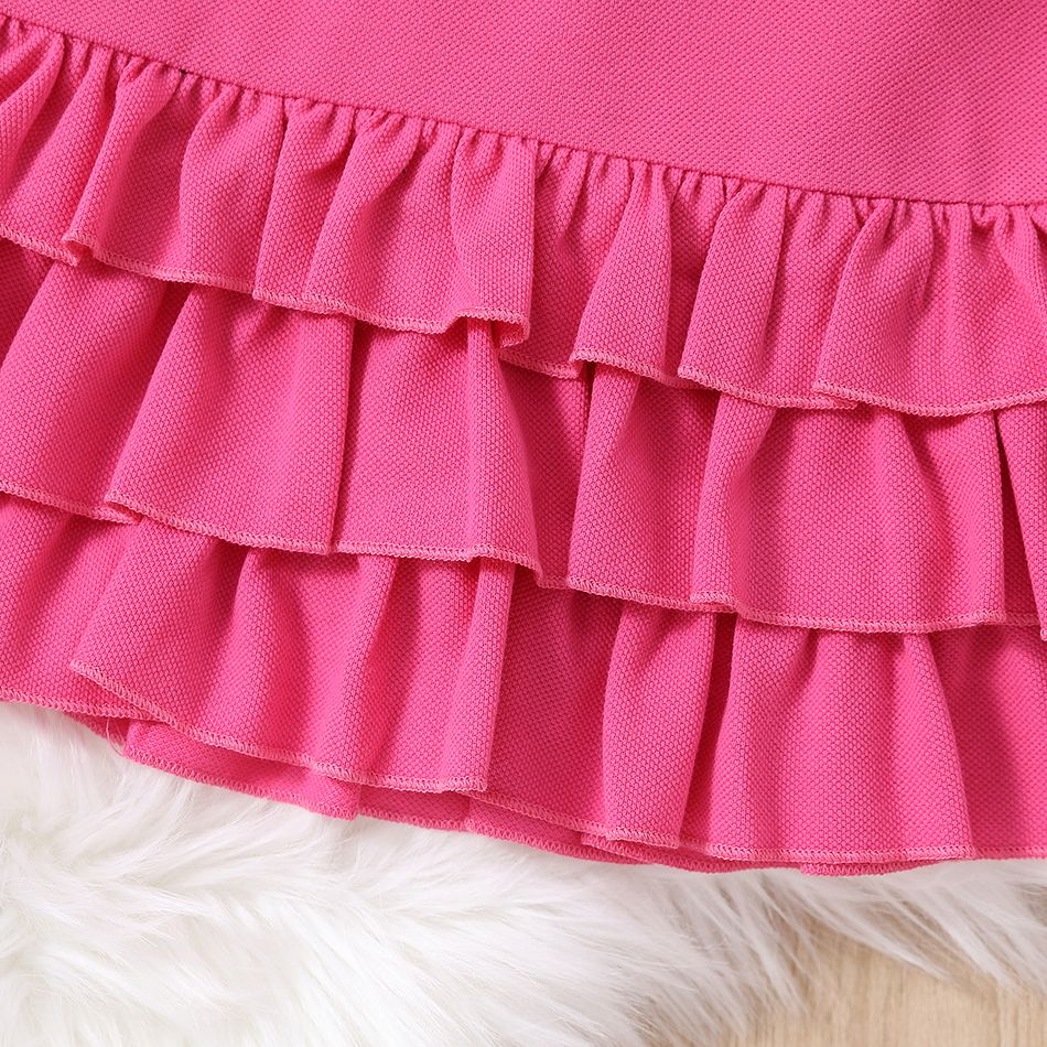 Toddler Girl Lapel Collar Button Design Layered Hem Long-sleeve Pique Dress Hot Pink big image 6