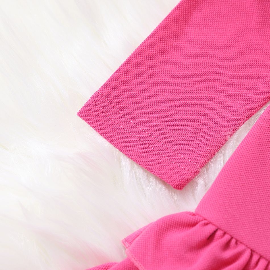 Toddler Girl Lapel Collar Button Design Layered Hem Long-sleeve Pique Dress Hot Pink