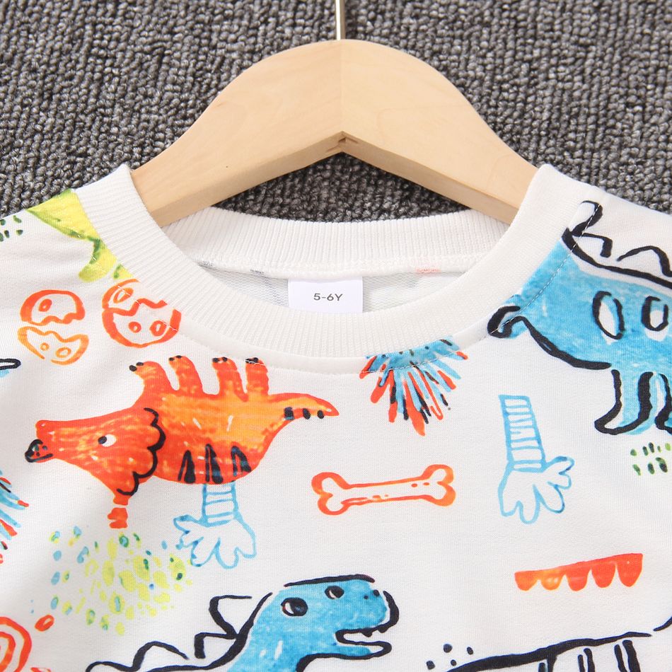 2pcs Kid Boy Animal Dinosaur Print Pullover Sweatshirt and 100% Cotton Pocket Design Pants Set OffWhite big image 2