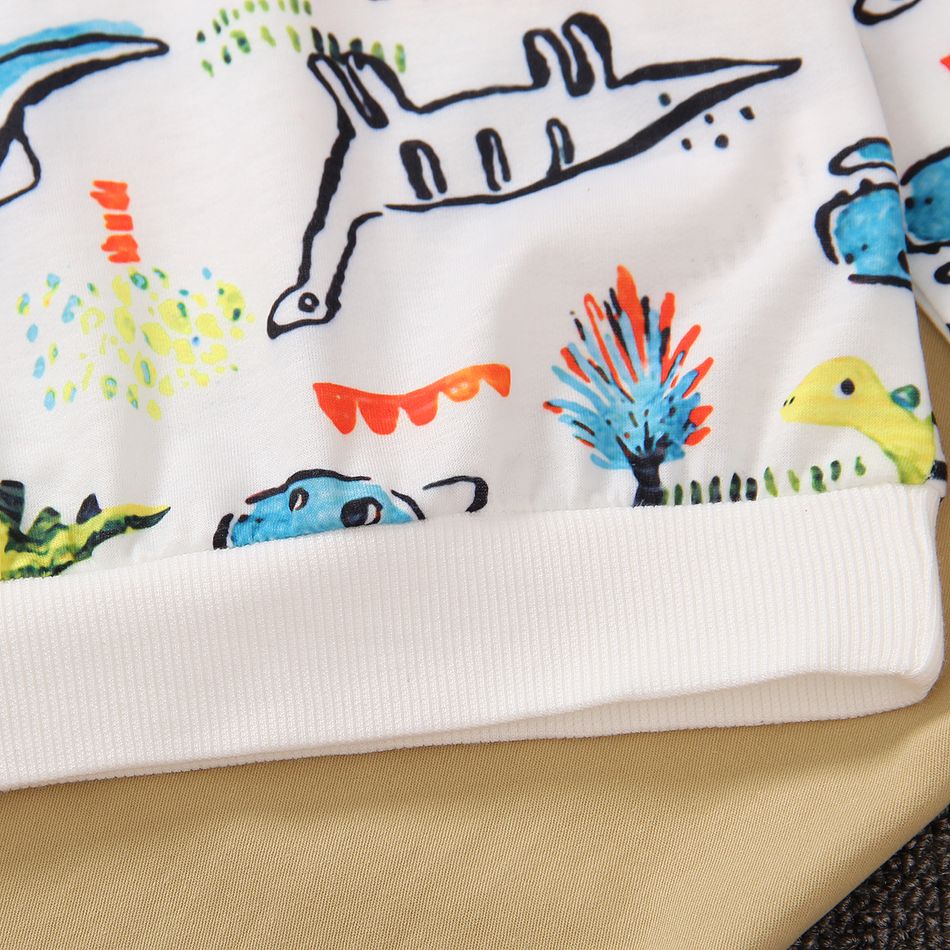 2pcs Kid Boy Animal Dinosaur Print Pullover Sweatshirt and 100% Cotton Pocket Design Pants Set OffWhite big image 4