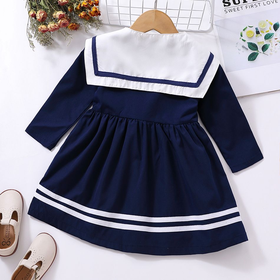 Toddler Girl Preppy style Removable Sailor Cape Design Long-sleeve Dress Dark Blue big image 2