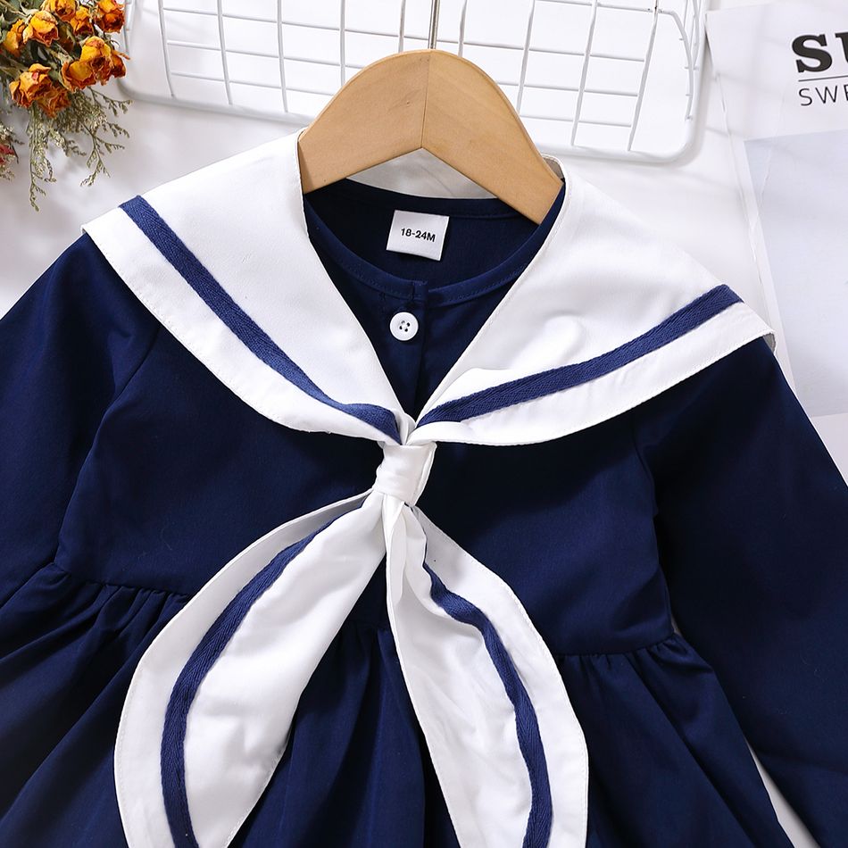 Toddler Girl Preppy style Removable Sailor Cape Design Long-sleeve Dress Dark Blue big image 3