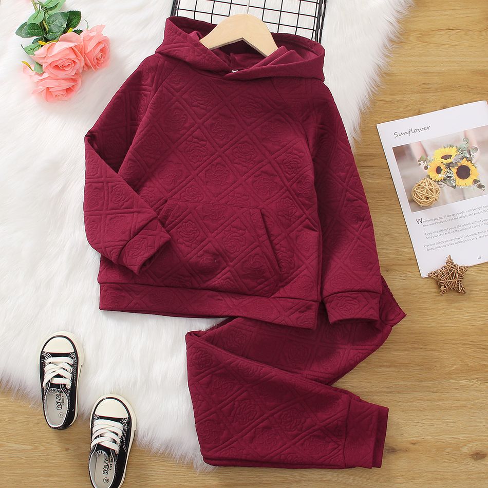 2pcs Kid Girl Floral Textured Solid Color Hoodie Sweatshirt and Pants Set Burgundy