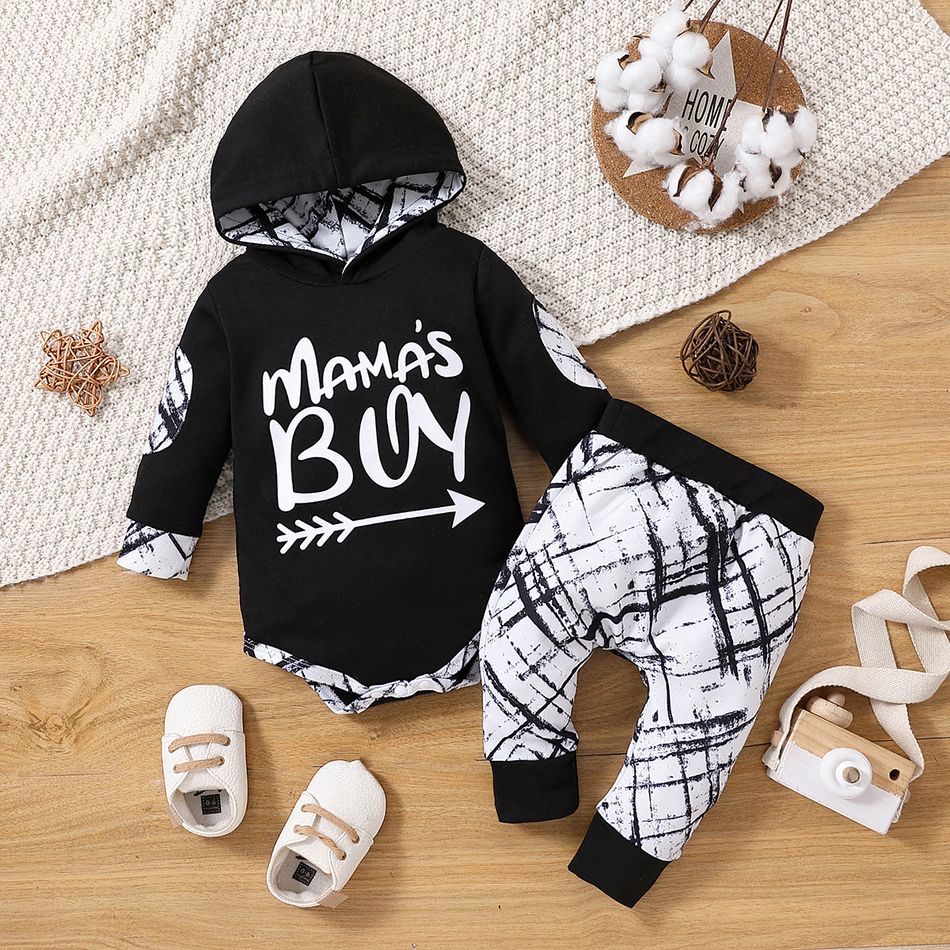 2pcs Baby Boy Letter Graphic Black Long-sleeve Hooded Romper and Allover Print Pants Set Black big image 1