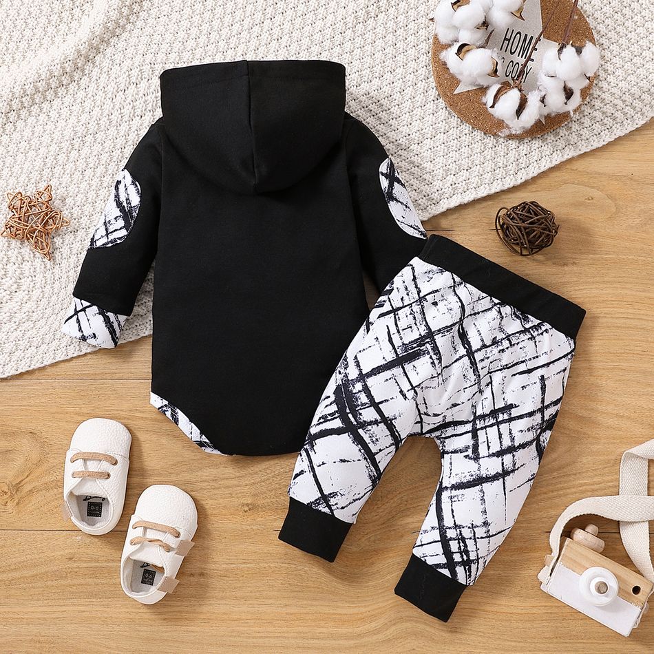 2pcs Baby Boy Letter Graphic Black Long-sleeve Hooded Romper and Allover Print Pants Set Black big image 2
