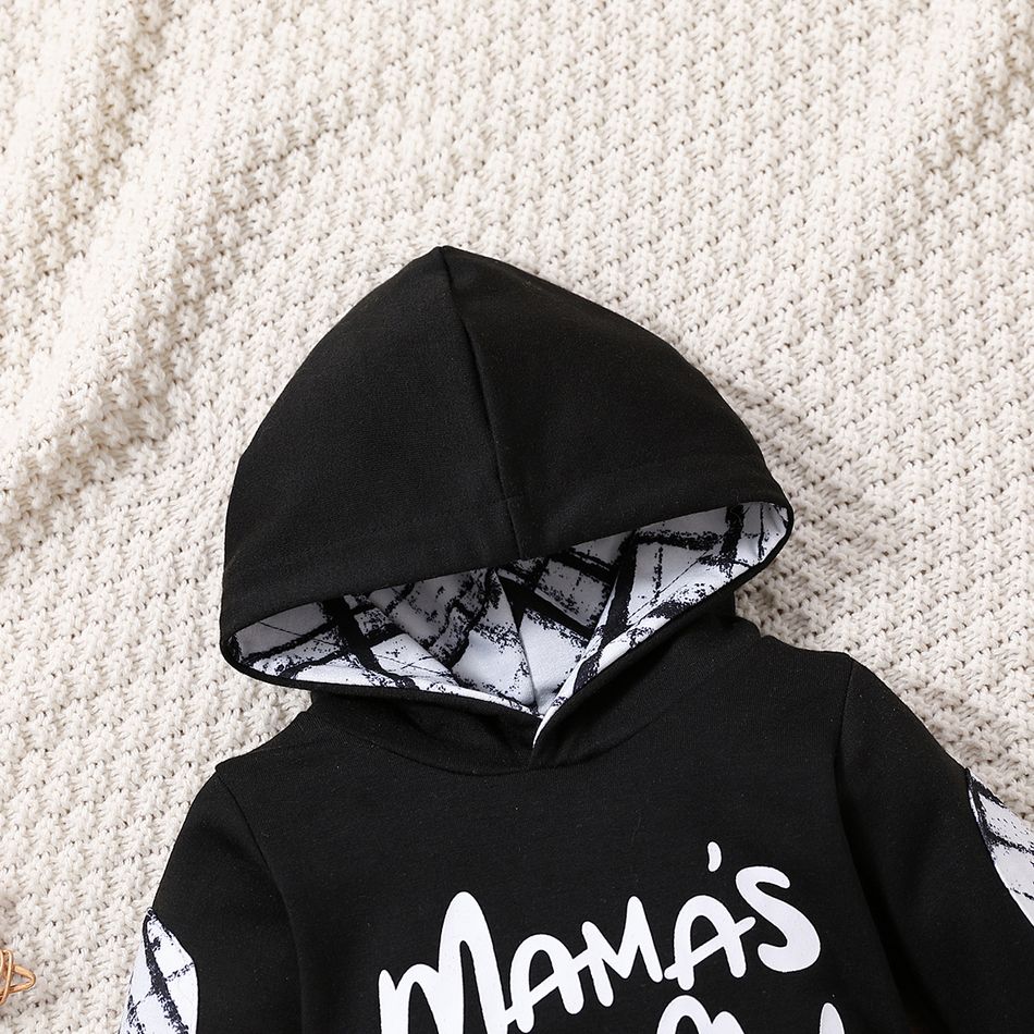 2pcs Baby Boy Letter Graphic Black Long-sleeve Hooded Romper and Allover Print Pants Set Black big image 3