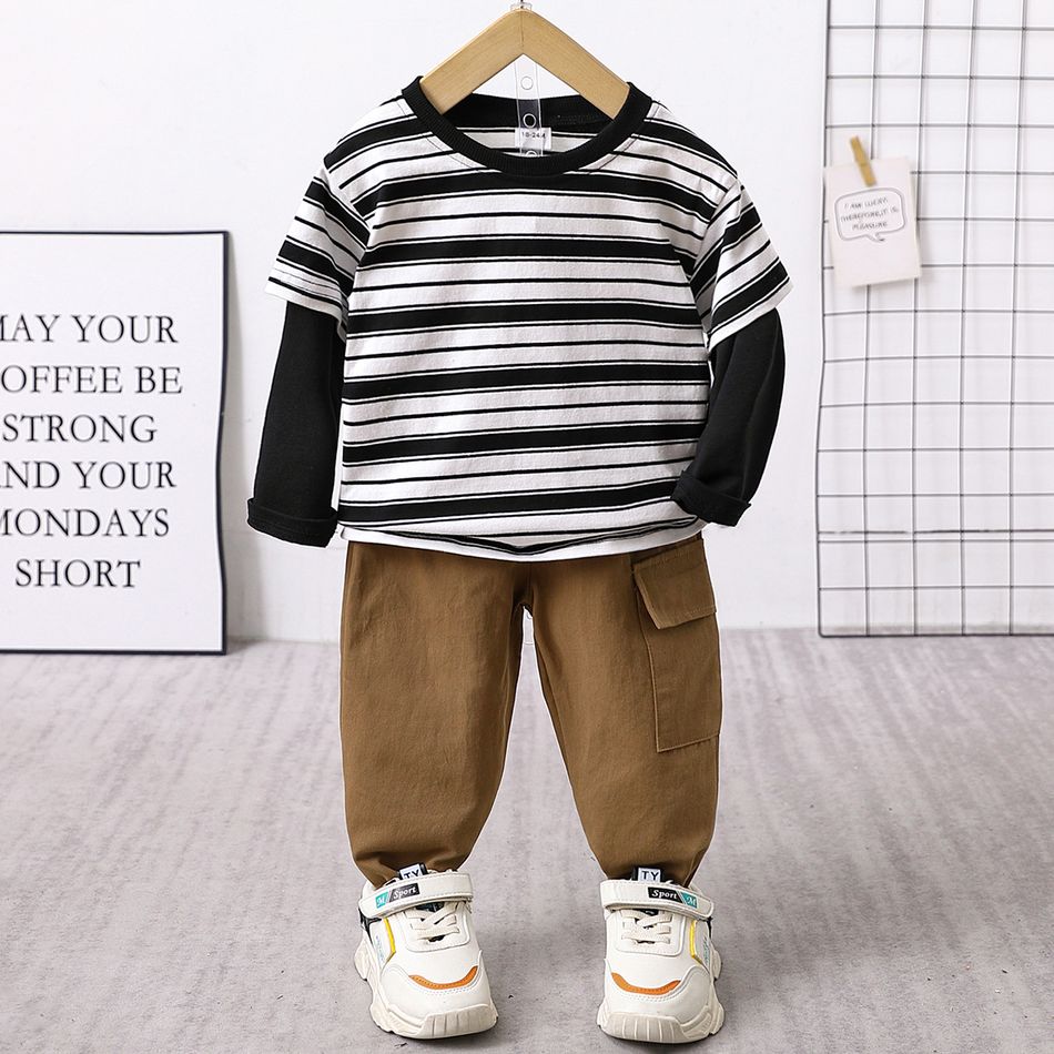 2pcs Toddler Boy Trendy 100% Cotton Faux-two Stripe Sweatshirt and Pocket Design Pants Set Black big image 1