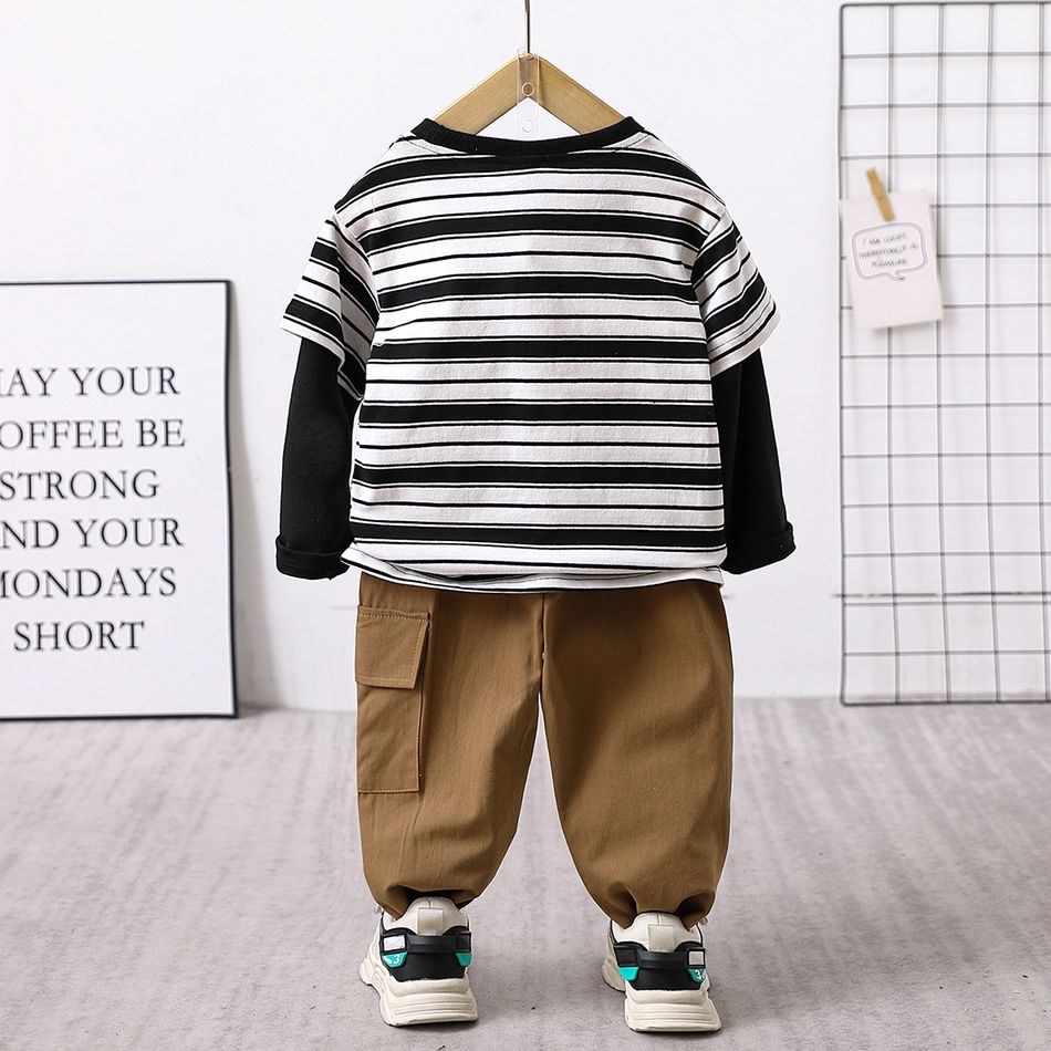 2pcs Toddler Boy Trendy 100% Cotton Faux-two Stripe Sweatshirt and Pocket Design Pants Set Black big image 2