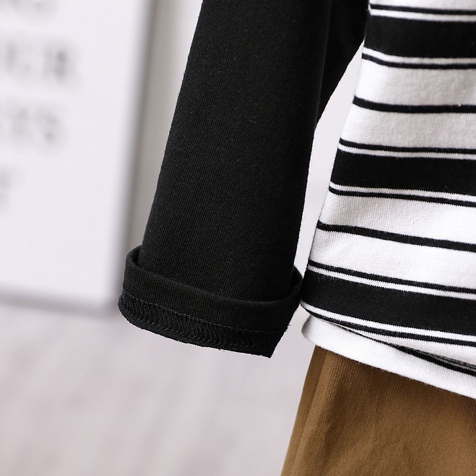 2pcs Toddler Boy Trendy 100% Cotton Faux-two Stripe Sweatshirt and Pocket Design Pants Set Black big image 5