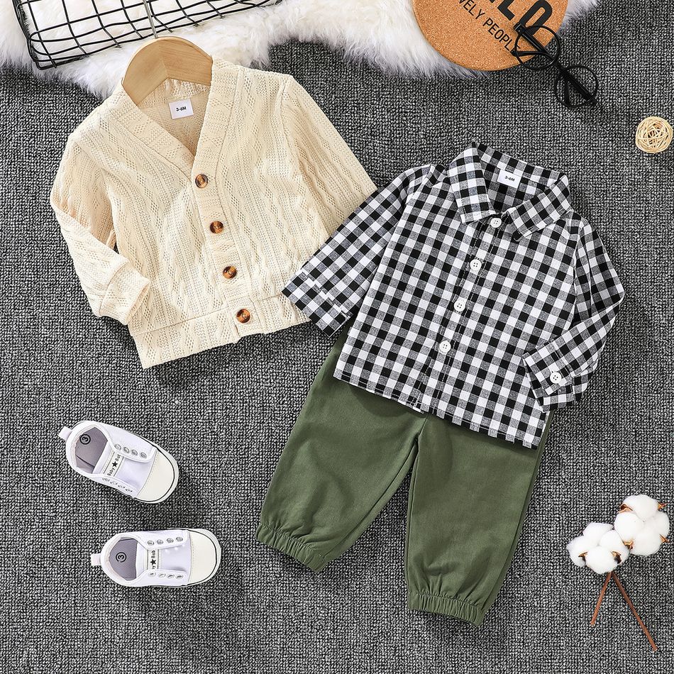 3pcs Baby Boy Long-sleeve Cardigan Sweater and Plaid Shirt with Solid Carrot Pants Set White big image 2