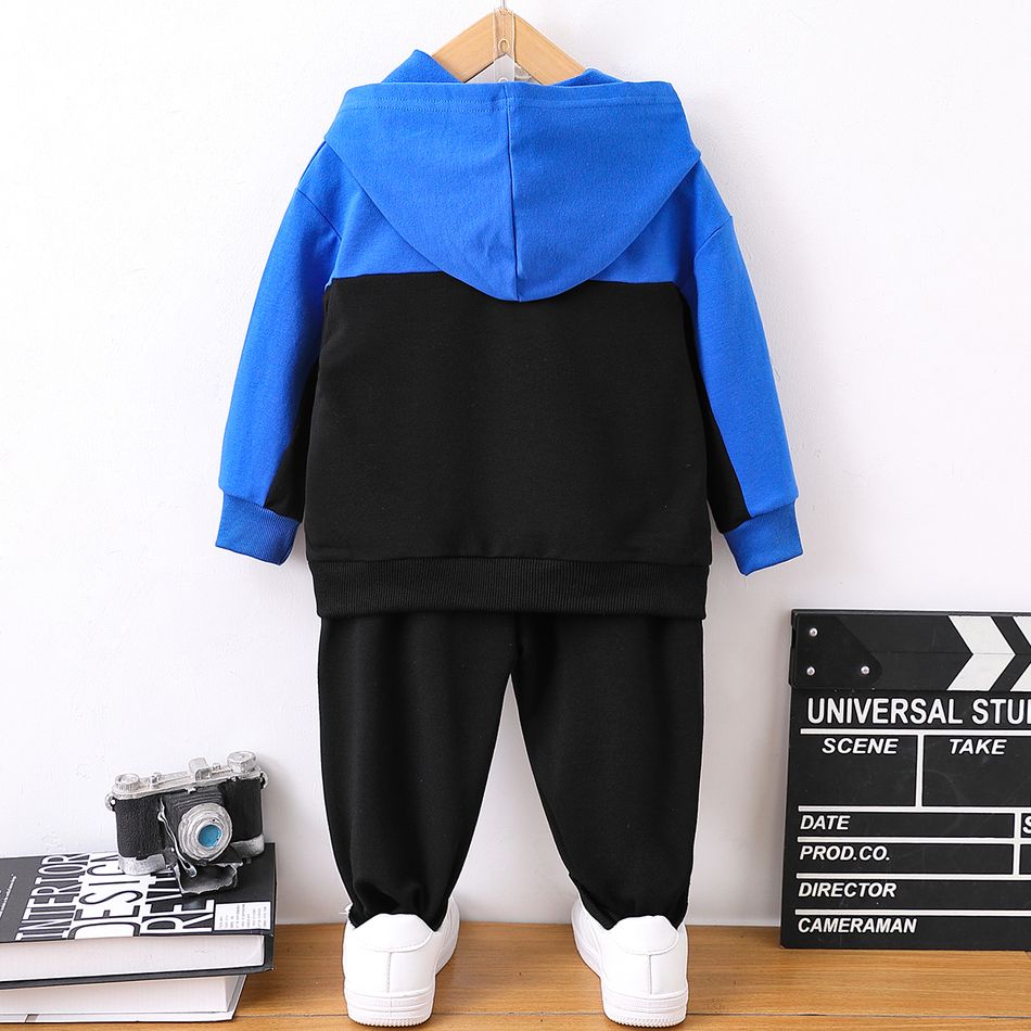 2pcs Toddler Boy Trendy Letter Print Colorblock Hoodie Sweatshirt and Pants Set Color block big image 2