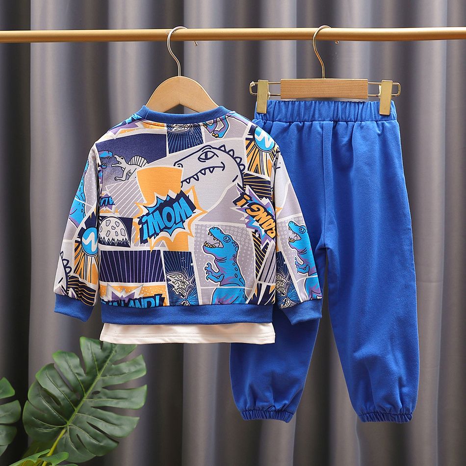 2pcs Toddler Boy Trendy Faux-two Dinosaur Print Sweatshirt and Pants Set Blue big image 2