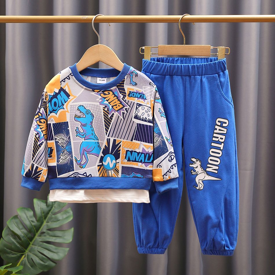 2pcs Toddler Boy Trendy Faux-two Dinosaur Print Sweatshirt and Pants Set Blue