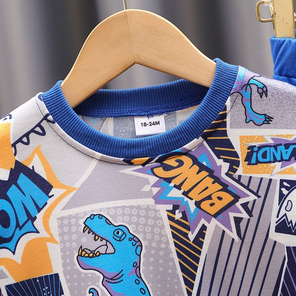 2pcs Toddler Boy Trendy Faux-two Dinosaur Print Sweatshirt and Pants Set Blue big image 3
