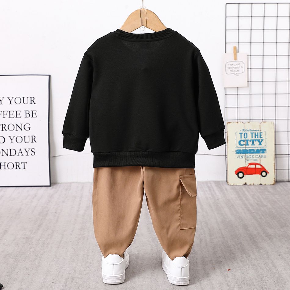 2pcs Toddler Boy Trendy Letter Print Sweatshirt and Pocket Design Pants Set Black big image 2