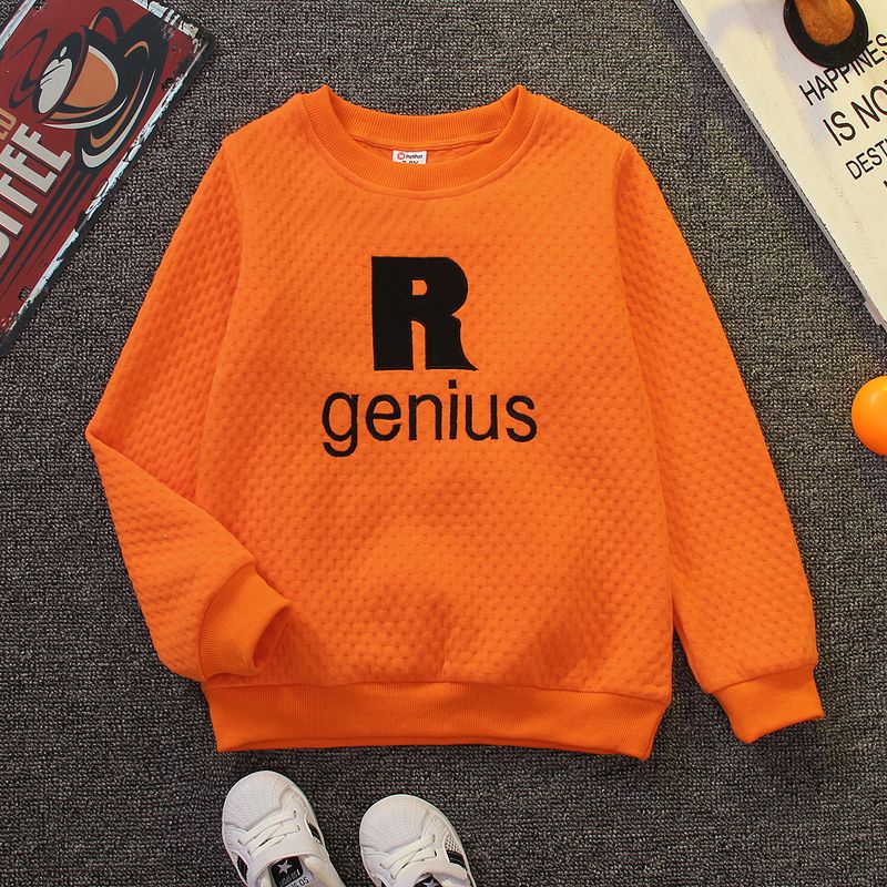 Kid Boy Letter Embroidered Textured Pullover Sweatshirt Orange big image 1