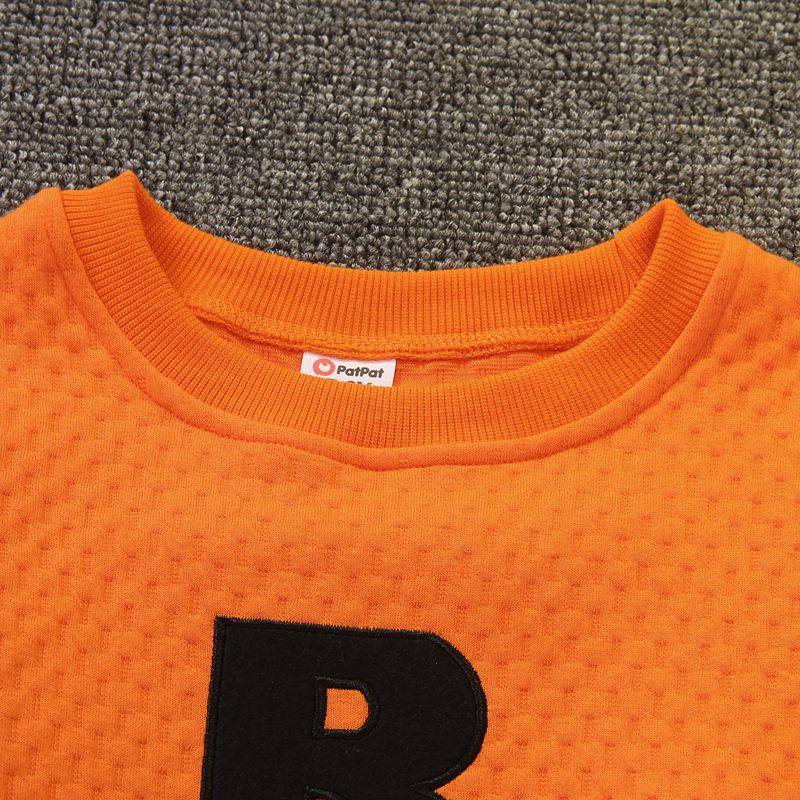 Kid Boy Letter Embroidered Textured Pullover Sweatshirt Orange big image 4