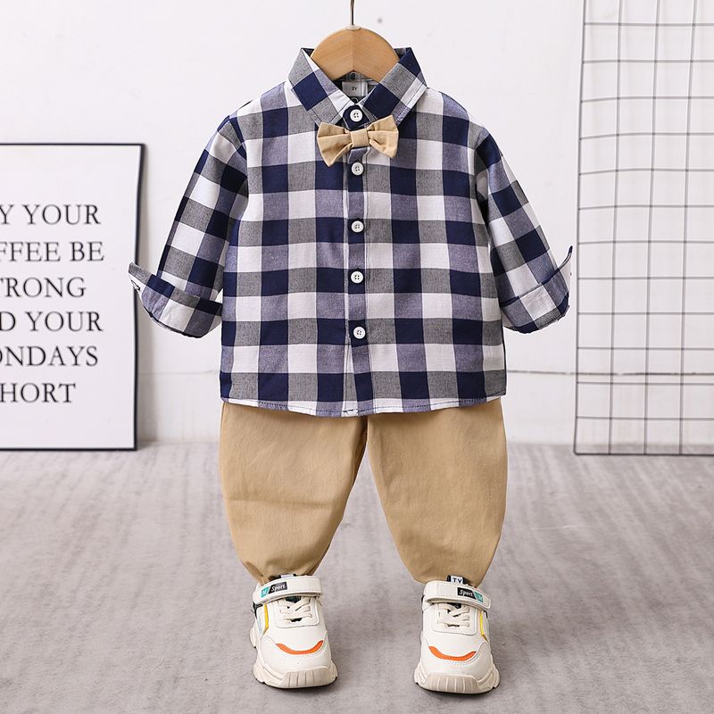 2pcs Toddler Boy Preppy style Lapel Collar Plaid Shirt and Pants Set Blue