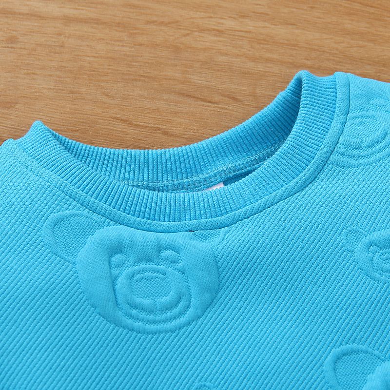2pcs Toddler Boy Trendy Bear Textured Sweatshirt and Pants Set Lakeblue big image 3