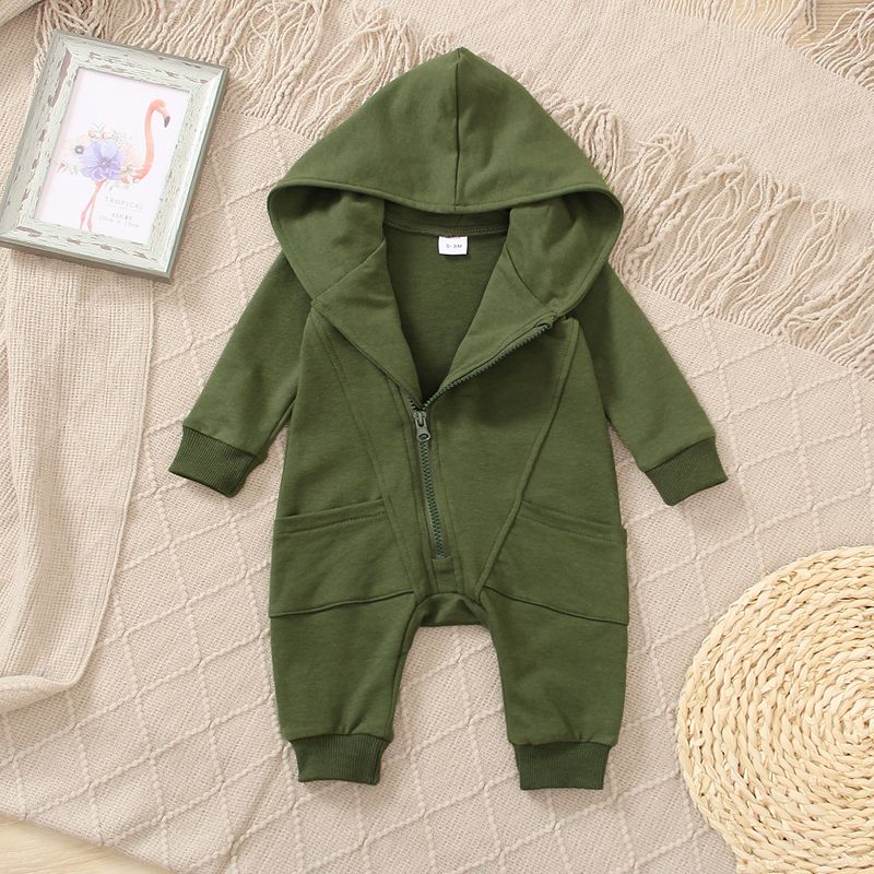 Baby Boy 95% Cotton Dark Green Long-sleeve Hooded Zipper Jumpsuit DarkGreen