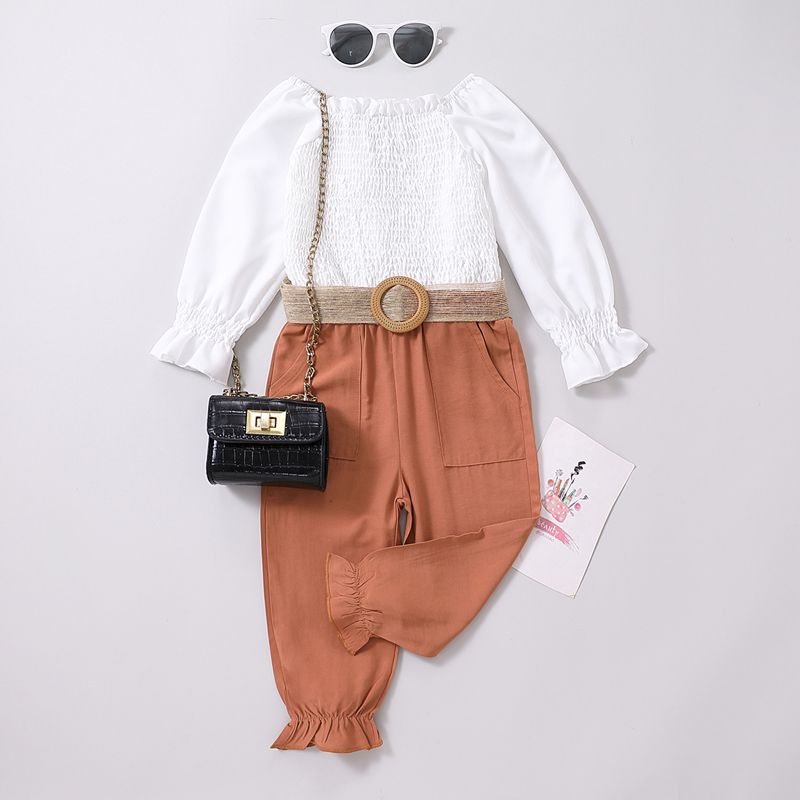 2pcs Toddler Girl Trendy Square Neck Smocked Blouse and Belted Pants Set White big image 1
