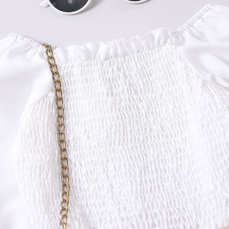 2pcs Toddler Girl Trendy Square Neck Smocked Blouse and Belted Pants Set White big image 3