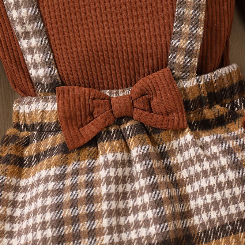 2pcs Toddler Girl Preppy style Ribbed 100% Cotton Tee and Plaid Suspender Skirt Set Brown big image 4