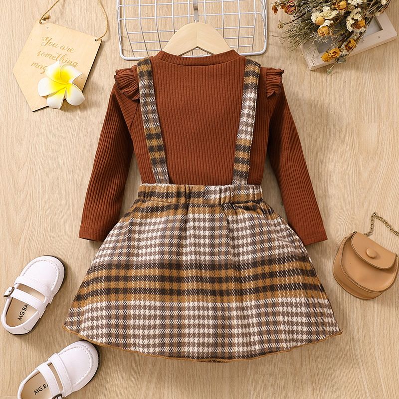 2pcs Toddler Girl Preppy style Ribbed 100% Cotton Tee and Plaid Suspender Skirt Set Brown big image 2