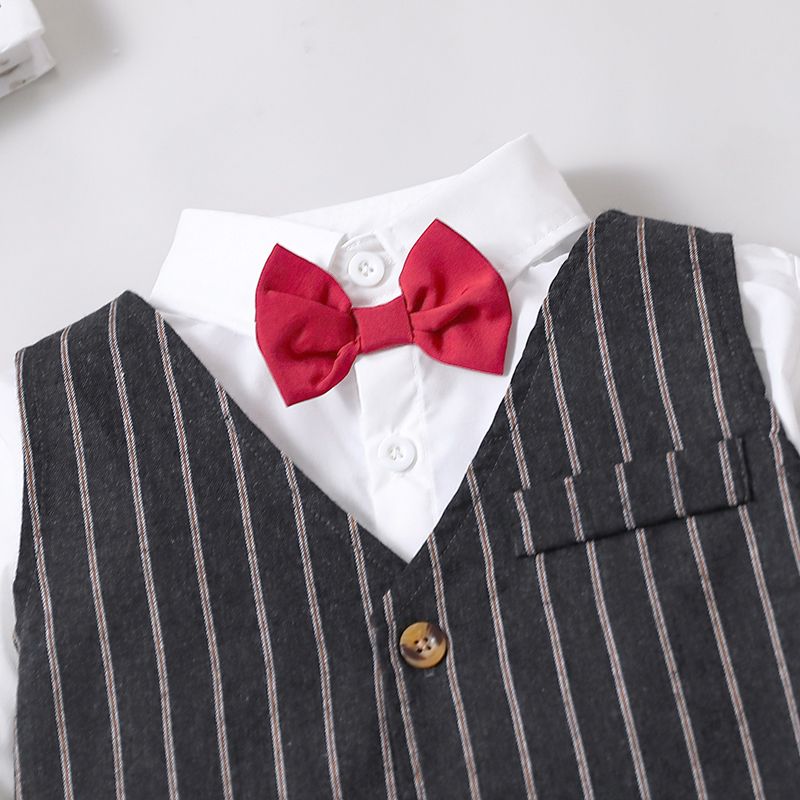 2pcs Kid Boy Gentleman Suit, Faux-two Stripe Lapel Collar Shirt and Pants Set Grey big image 3