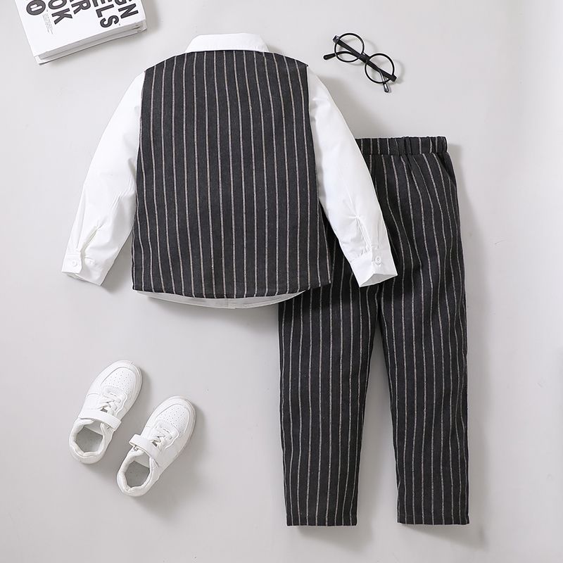 2pcs Kid Boy Gentleman Suit, Faux-two Stripe Lapel Collar Shirt and Pants Set Grey big image 2