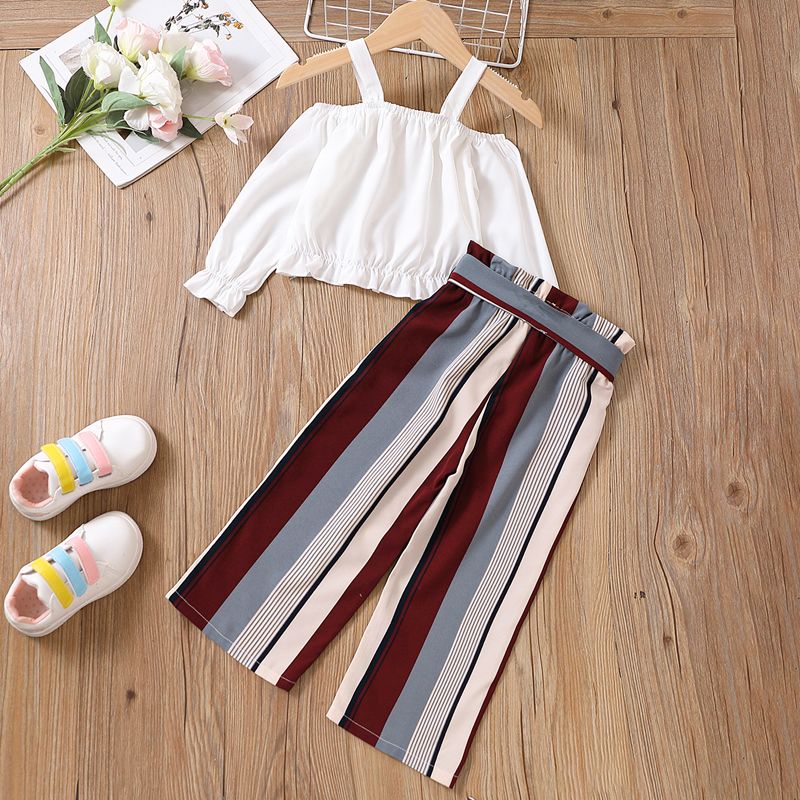 3pcs Toddler Girl Elegant Off Shoulder Strap Tee and Stripe Pants & Belt Set White big image 2