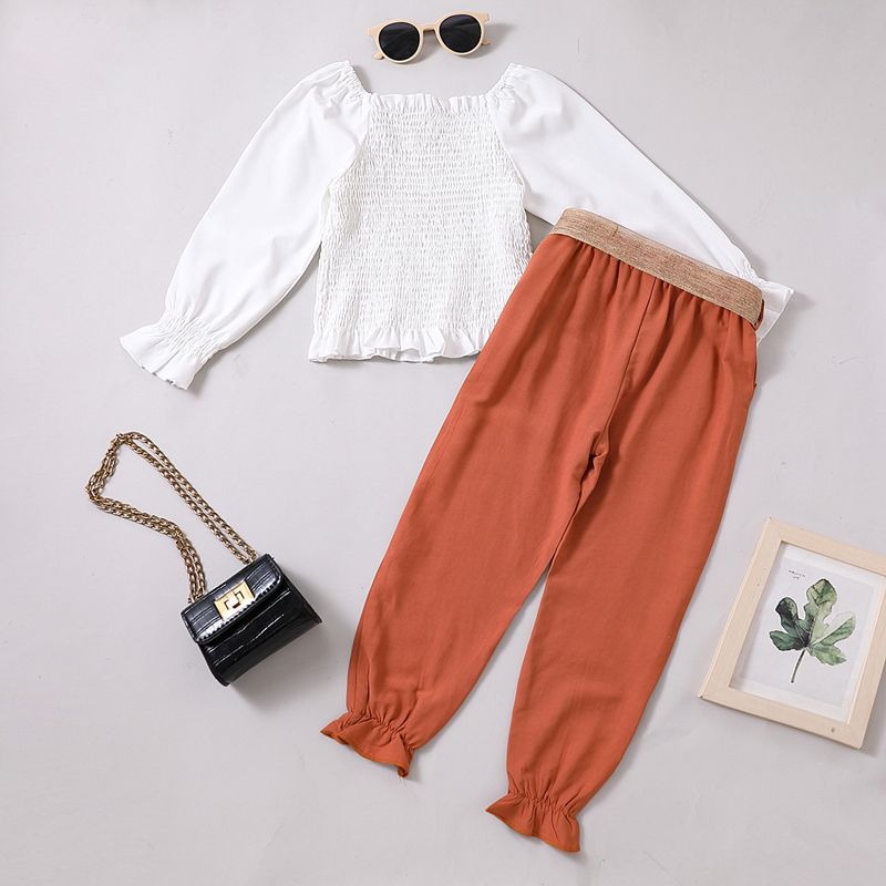 2pcs Kid Girl Square Neck Smocked Long-sleeve Blouse and Belted Pants Set Khaki big image 6