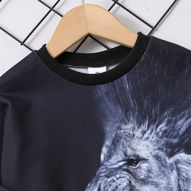 2pcs Toddler Boy Trendy Lion Print Sweatshirt and Colorblock Pants Set Black big image 3