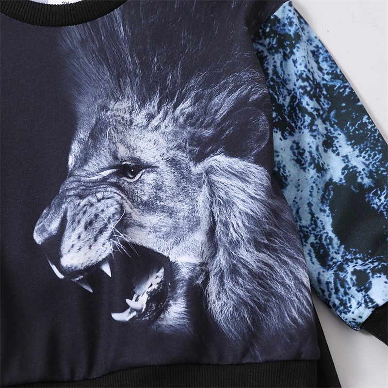 2pcs Toddler Boy Trendy Lion Print Sweatshirt and Colorblock Pants Set Black big image 4