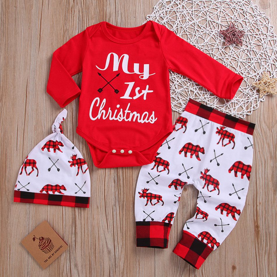 Christmas 3pcs Baby Boy/Girl 100% Cotton Long-sleeve Letter Print Romper and Allover Plaid Bear Graphic Pants with Hat Set Red big image 1