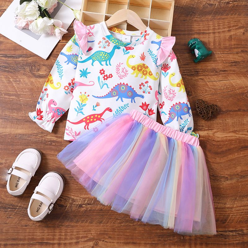 2pcs Toddler Girl Playful Dinosaur Print Tee and Gradient Color Mesh Skirt Set Multi-color big image 1
