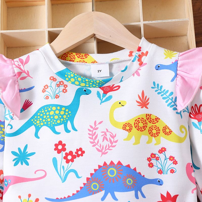 2pcs Toddler Girl Playful Dinosaur Print Tee and Gradient Color Mesh Skirt Set Multi-color big image 3
