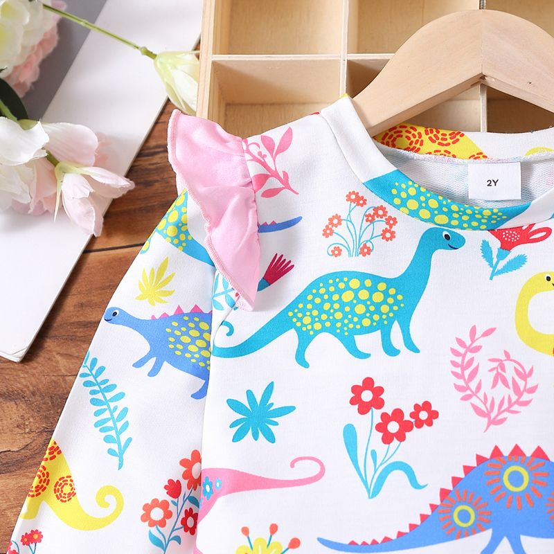 2pcs Toddler Girl Playful Dinosaur Print Tee and Gradient Color Mesh Skirt Set Multi-color big image 4