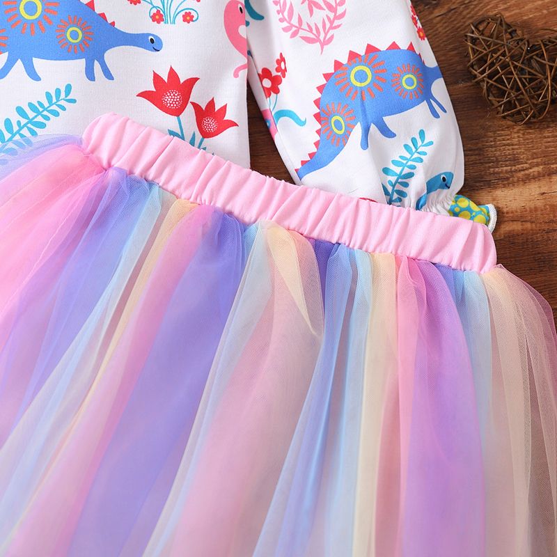 2pcs Toddler Girl Playful Dinosaur Print Tee and Gradient Color Mesh Skirt Set Multi-color big image 6